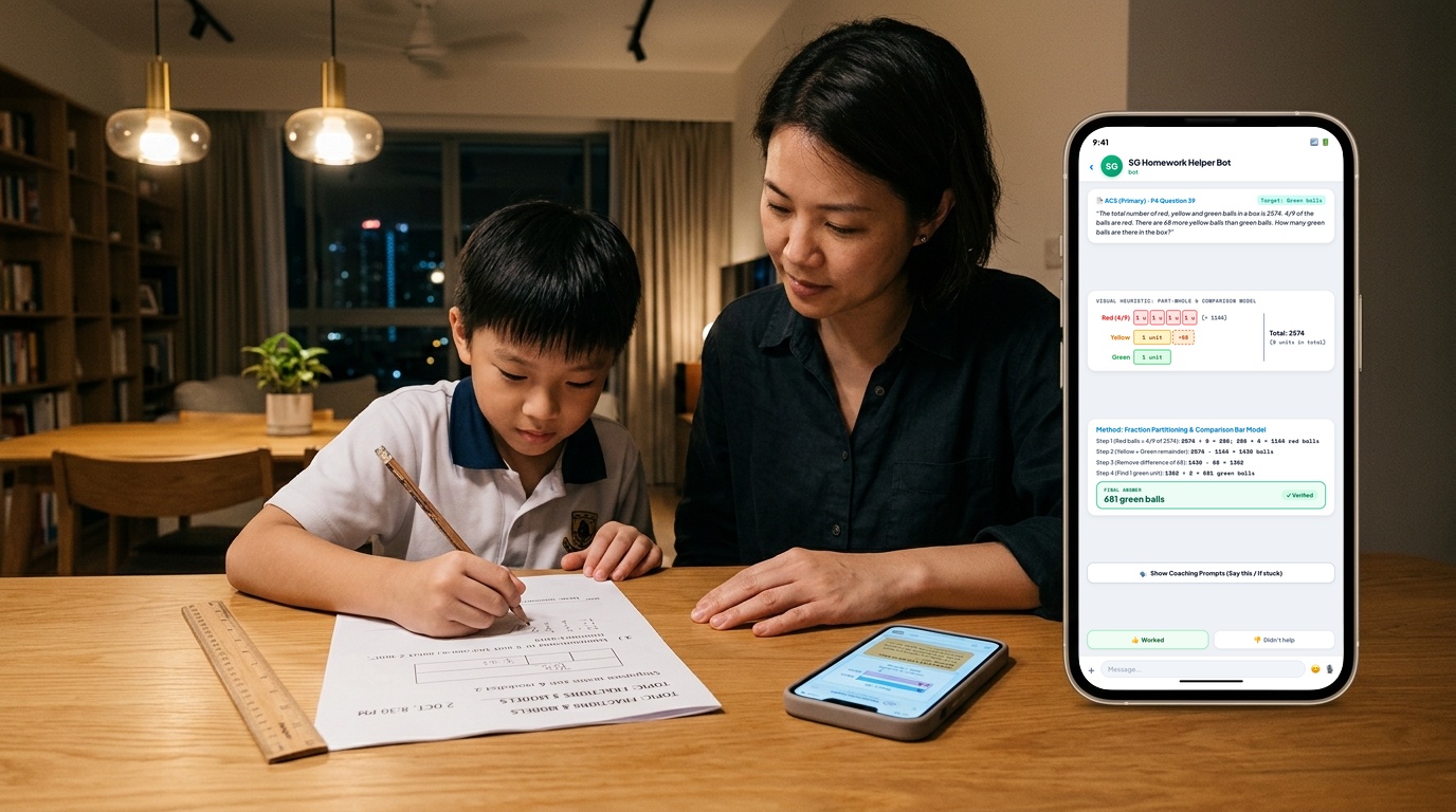 Mother and son solving homework at dining table with SG Homework Helper